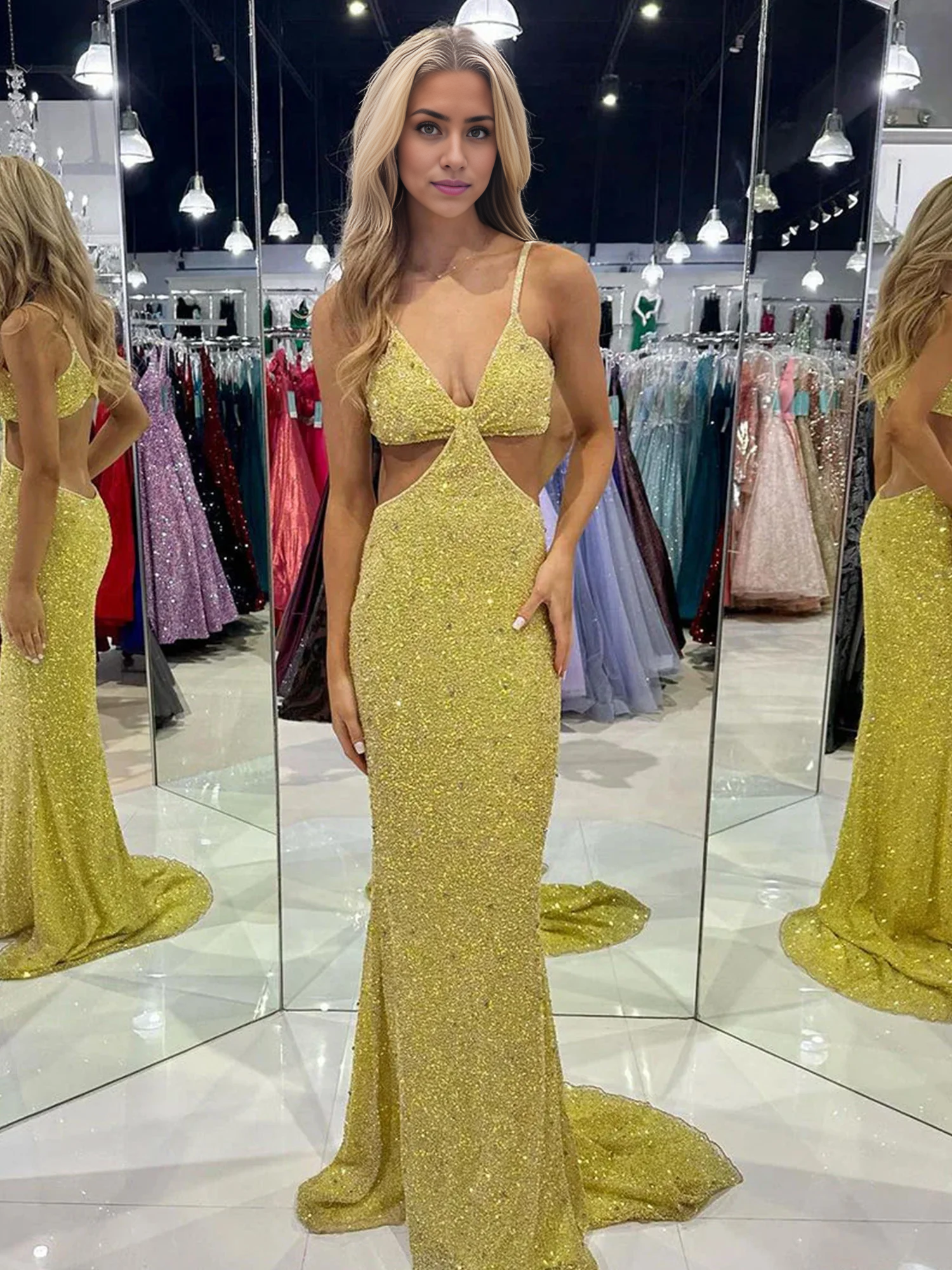 DingJiDress Sexy Evening Dress Deep V Neck Spaghetti Strap Backless Sequins Cutout Long Prom Dresses Charming Formal Wear Dresses Wedding Guest Dresses
