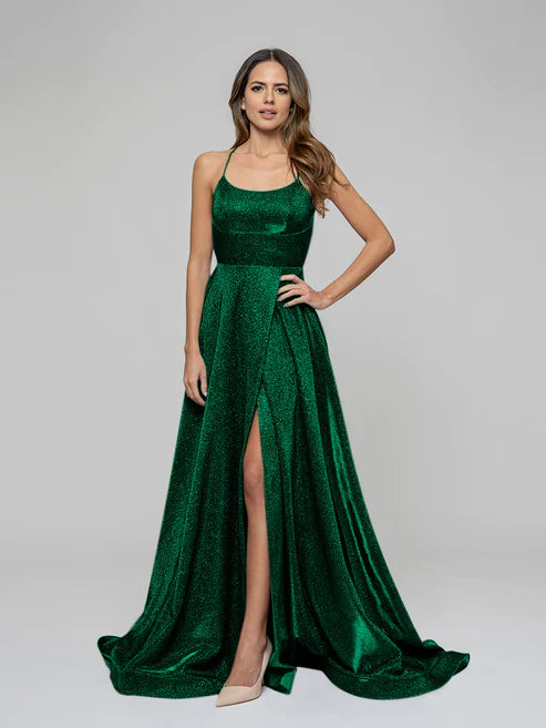 DingJiDress Halter Metallic Glitter Criss Cross Back A Line Prom Dresses
