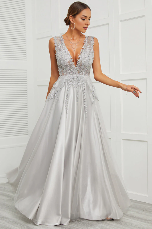 DingJiDress High Quality Dress Evening Dress Exquisite A Line Deep V Neck Sleeveless Backless Retro Appliques Long Prom Dress