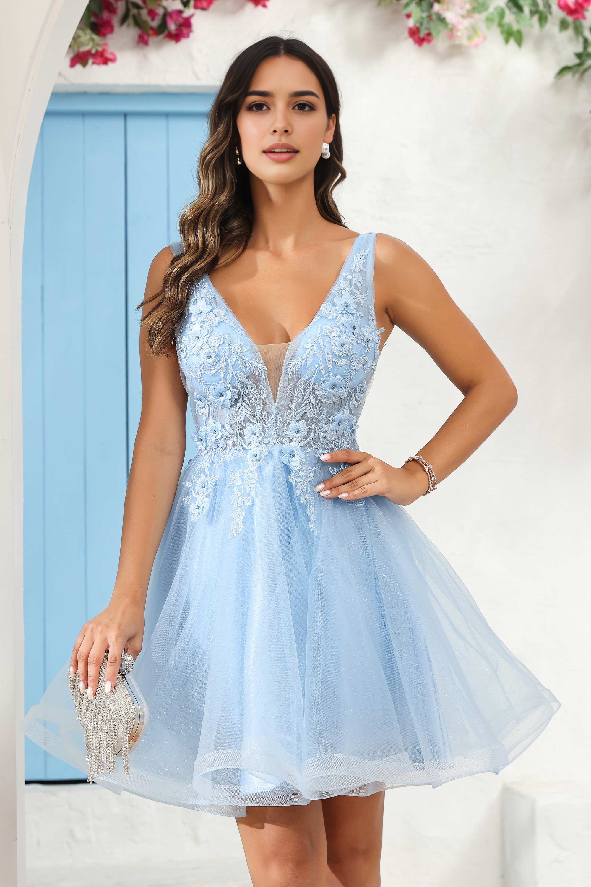 DingJiDress Hot Sale Homecoming Dress Elegant A Line Deep V Neck Sleeveless 3D Floral Applique Beaded Fashion Mini Dress