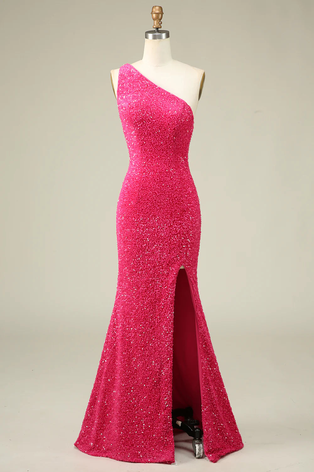 DingJiDress Mermaid One Shoulder Fuchsia Sequins Long Prom Dress with Split Front