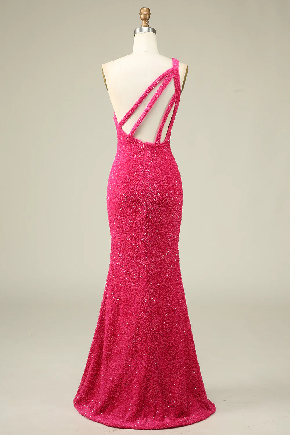 DingJiDress Mermaid One Shoulder Fuchsia Sequins Long Prom Dress with Split Front