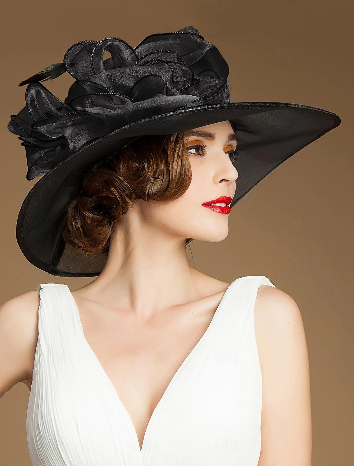 DingJiDress Fascinators Hats Silk Floppy Hat Sun Hat Wedding Tea Party Elegant Wedding With Feather Floral Headpiece Headwear Size:M