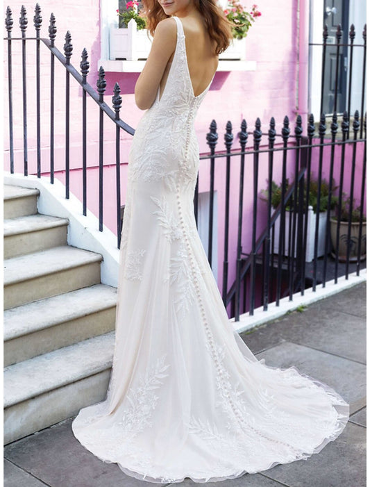 Engagement Open Back Formal Wedding Dresses Mermaid / Trumpet V Neck Sleeveless Court Train Lace Bridal Gowns With Appliques