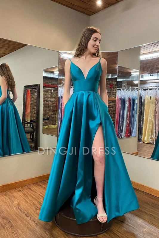 DingJiDress Classic A Line V Neck Spaghetti Strap Side Fork Long Elegant Prom Dress