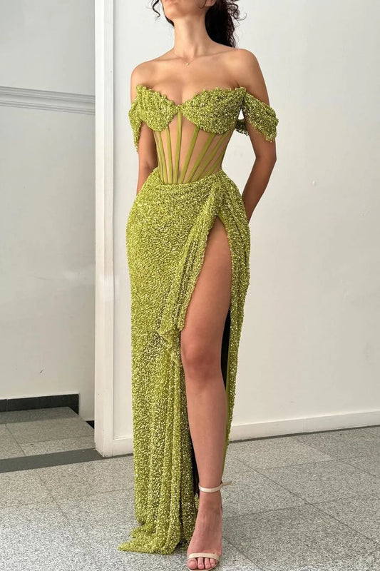 DingJiDress Sparkly Mermaid Off The Shoulder Long with High Slit Charming Prom Dress