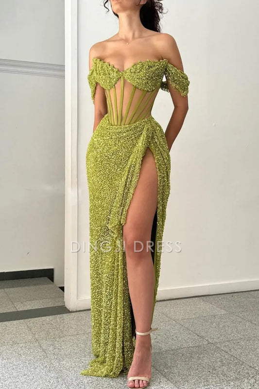 DingJiDress Sparkly Mermaid Off The Shoulder Long with High Slit Charming Prom Dress