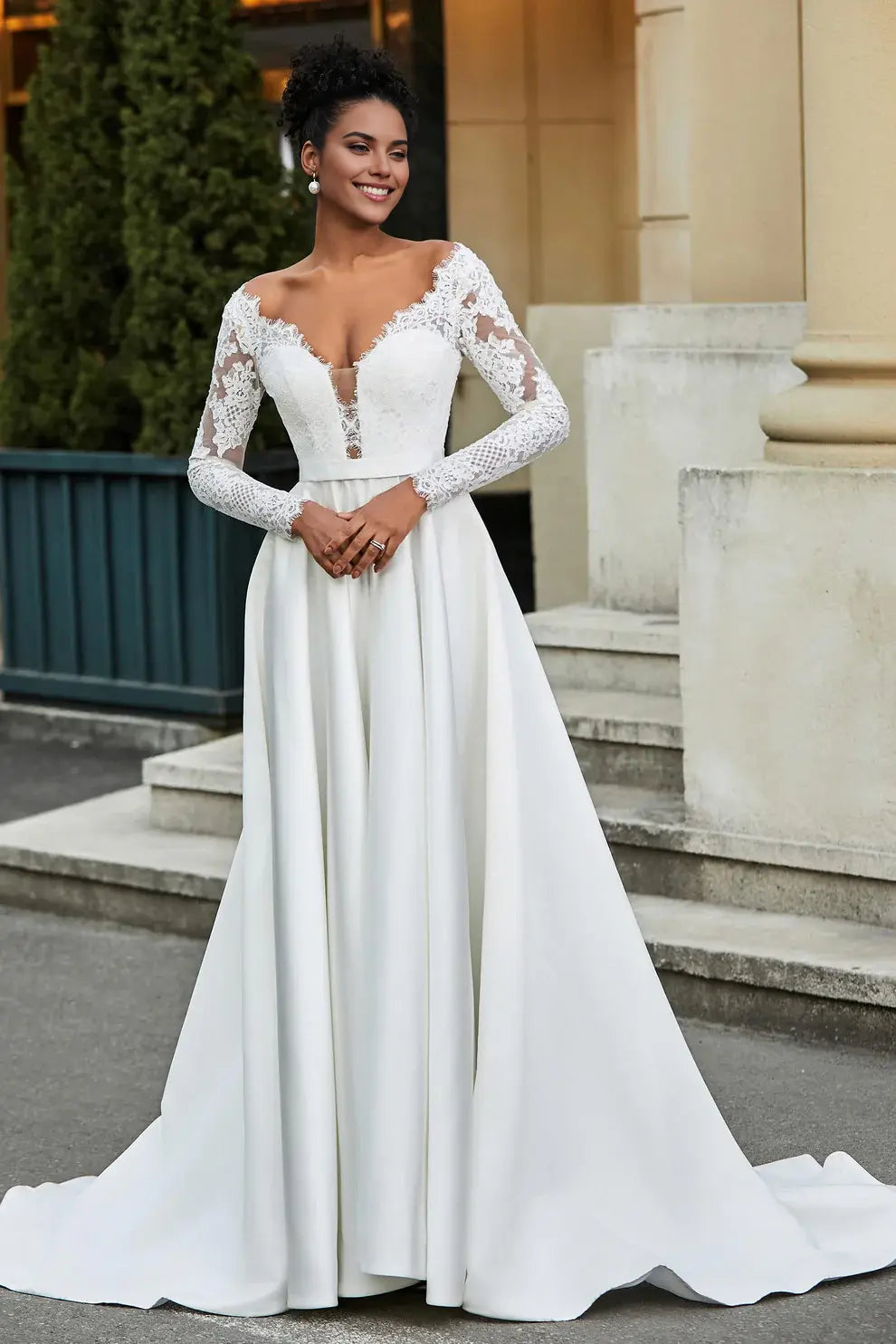 Satin Fashion A-Line Lace Plunging V-neck Long Sleeves V Back Ruched Hem Affordable Hot Sale Wedding Dress
