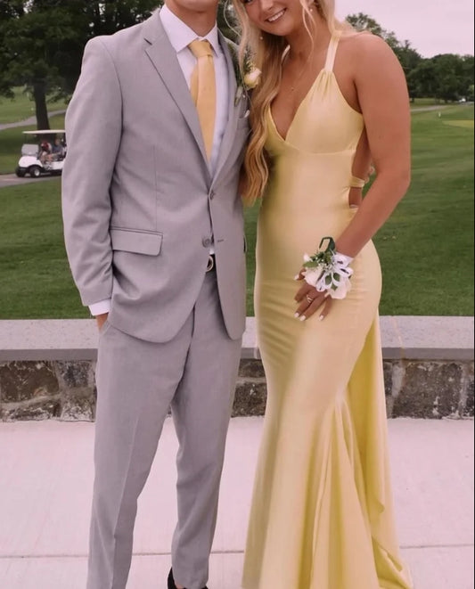 DingJiDress Sexy Mermaid V Neck Satin with Cross Back Prom Dress