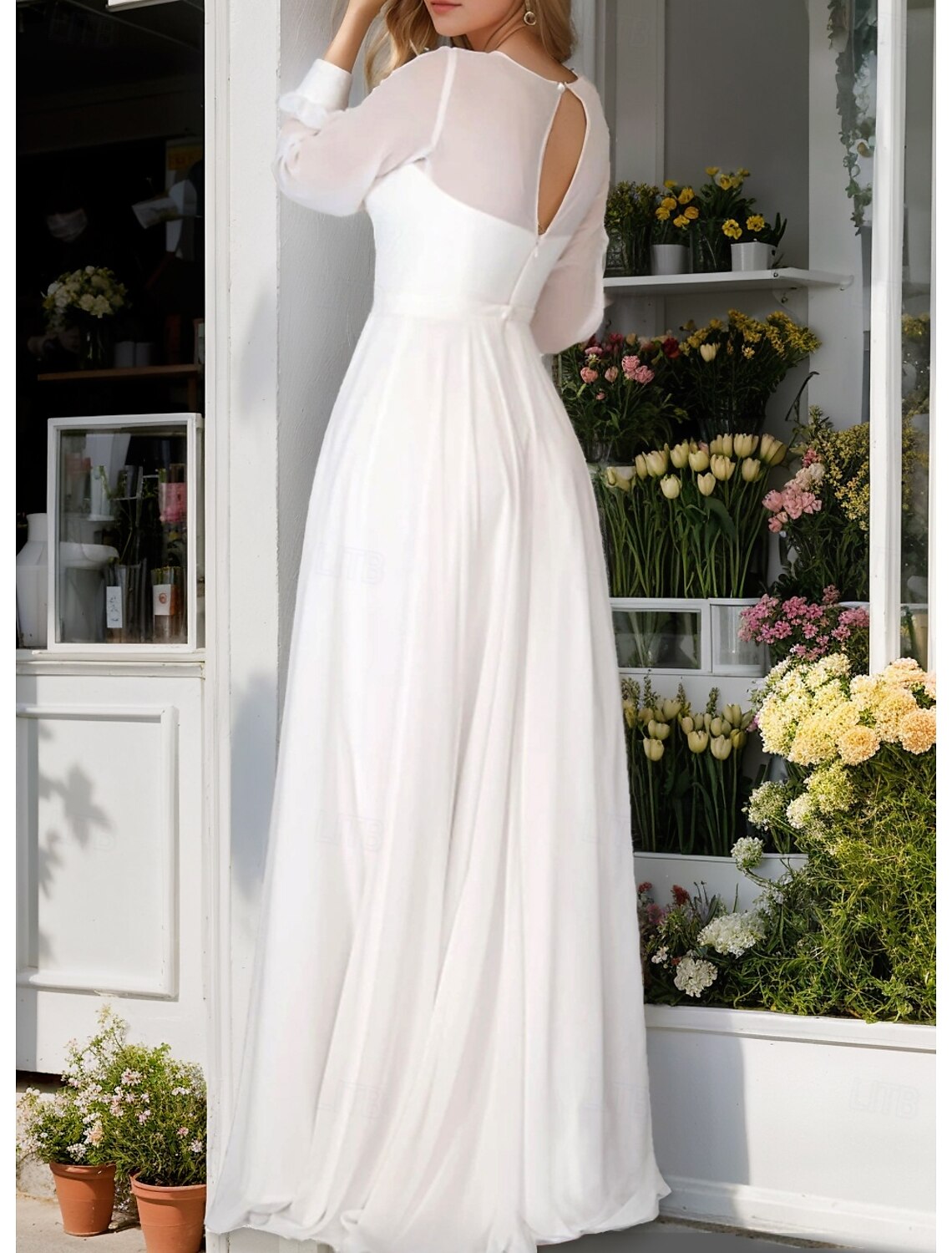 DingJiDress Wedding Dresses A-Line V Neck Long Sleeve Floor Length Chiffon Bridal Gowns With Ruched