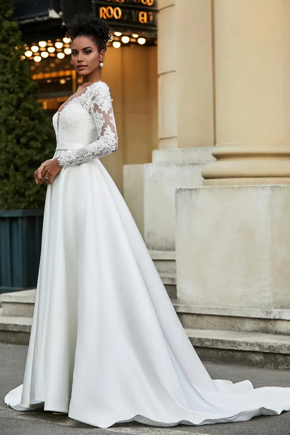 Satin Fashion A-Line Lace Plunging V-neck Long Sleeves V Back Ruched Hem Affordable Hot Sale Wedding Dress