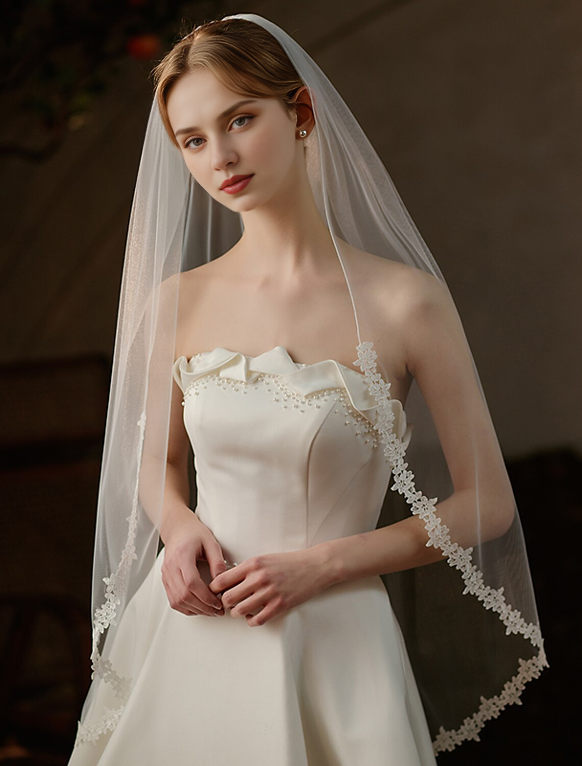 Ding Ji One-tier Lace Sweet Wedding Veil Fingertip Veils Fashion Pure Color Tulle Hot Sale Veil