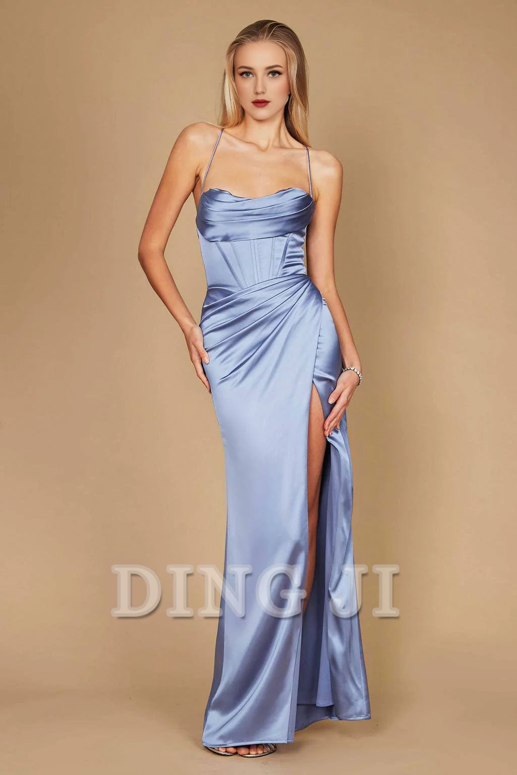 DingJiDress Bridesmaid Dresses Halter Draped Corset Cowl Backless Side Fork Charming Dresses Long Wedding Guests Dresses