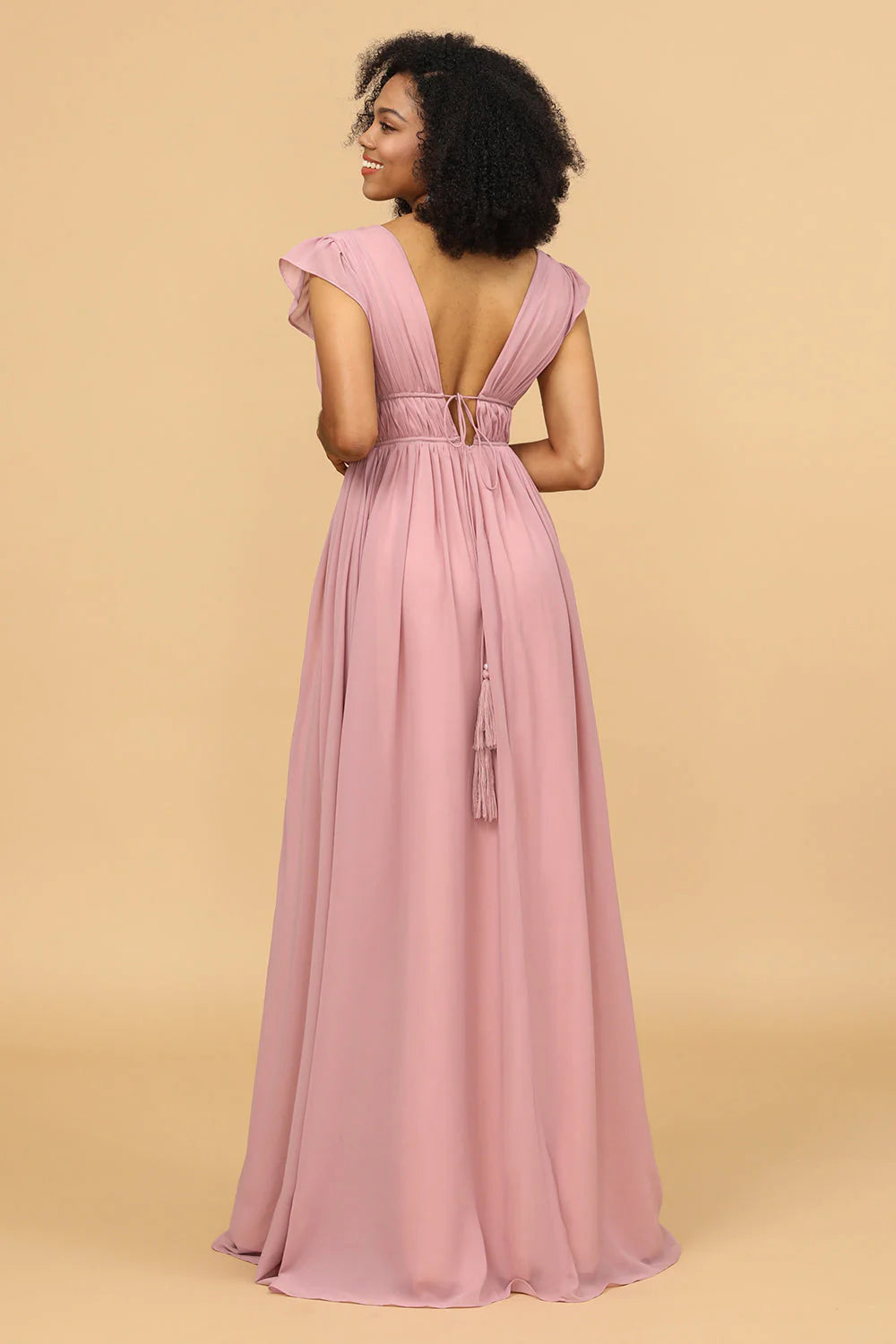 DingJiDress Blush A Line Wedding Guest Dresses V-Neck Long Chiffon Bridesmaid Dress with Slit
