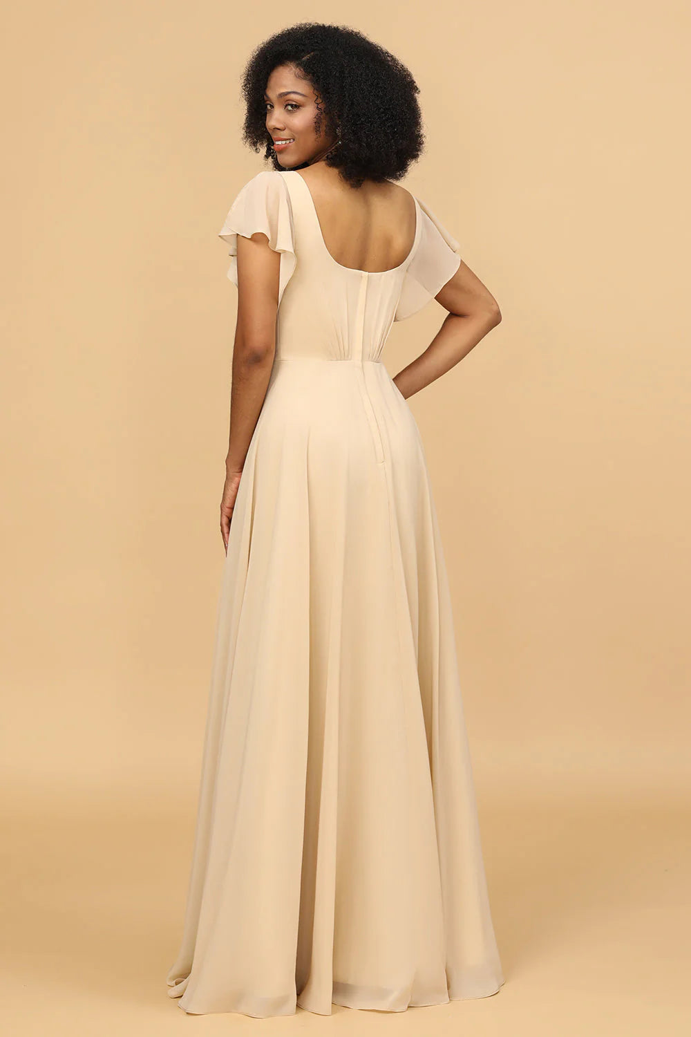 DingJiDress Champagne Wedding Guest Dresses A Line Long Chiffon Bridesmaid Dress with Cap Sleeves