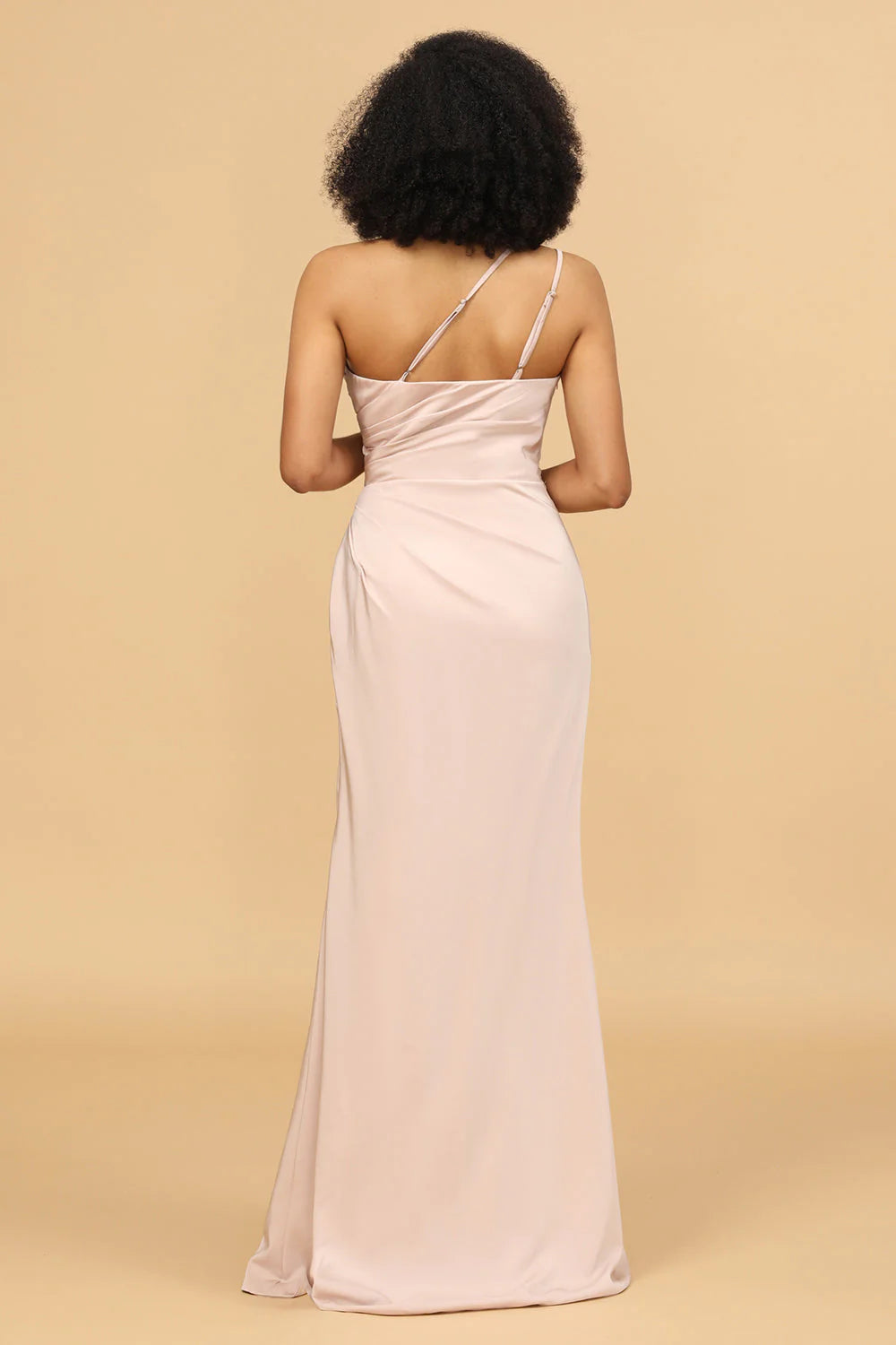 DingJiDress Blush Mermaid Wedding Guest Dresses One Shoulder Satin Long Bridesmaid Dress with Slit