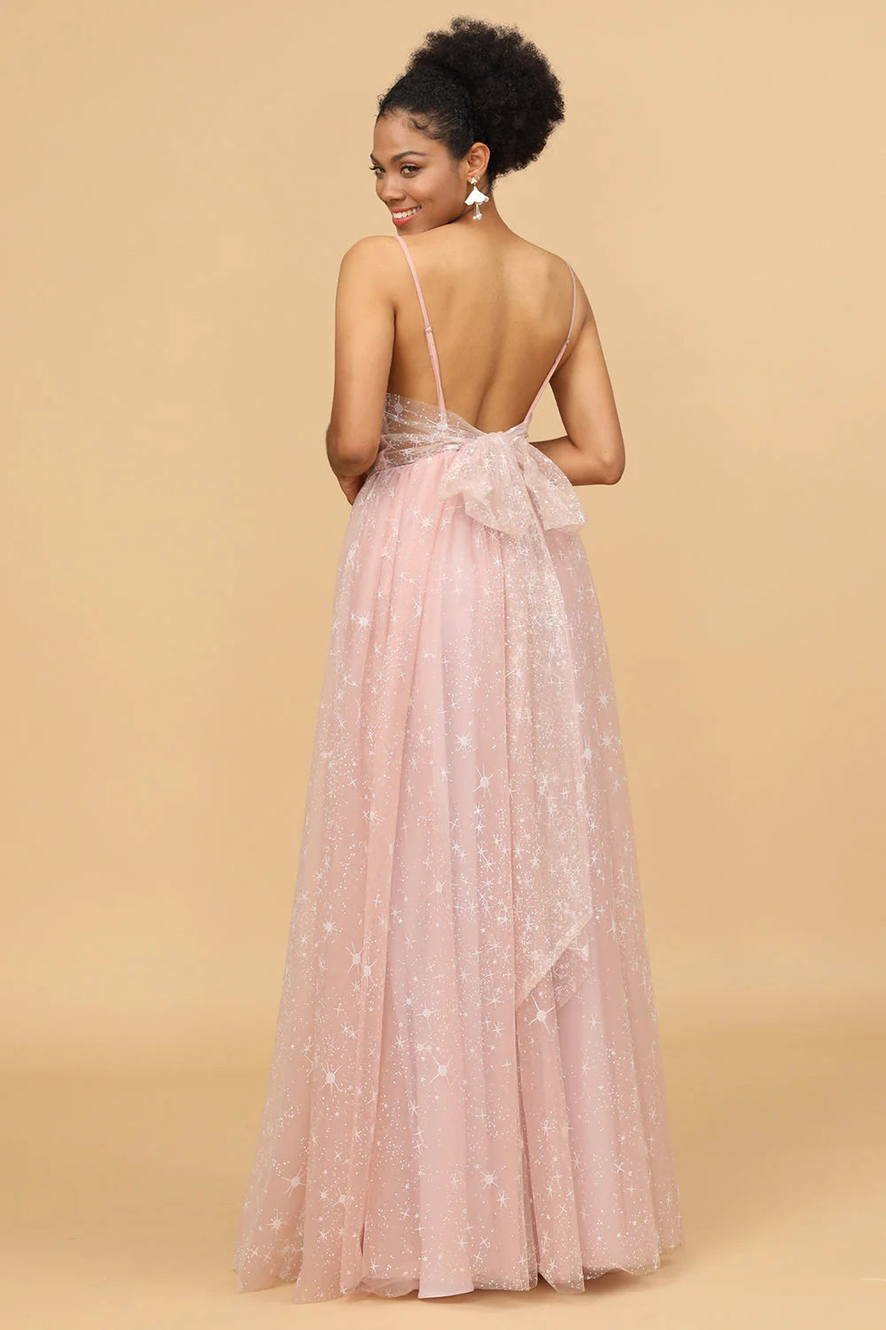 DingJiDress Blush A Line Wedding Guest Dresses Spaghetti Straps Long Tulle Bridesmaid Dress
