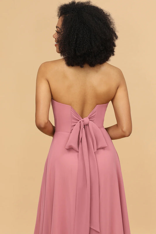 DingJiDress Elegant Blush Sweetheart Long Chiffon Bridesmaid Dress with Bowknot Wedding Guest Dresses