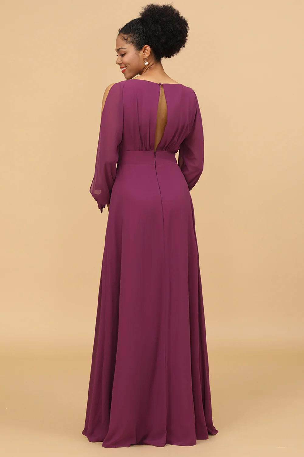 DingJiDress Elegant Long Sleeves V-Neck Purple Chiffon Bridesmaid Dress with Bowknot