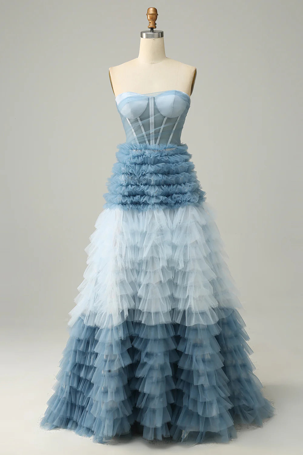 DingJiDress A Line Sweetheart Grey Blue Long Prom Dress with Ruffles