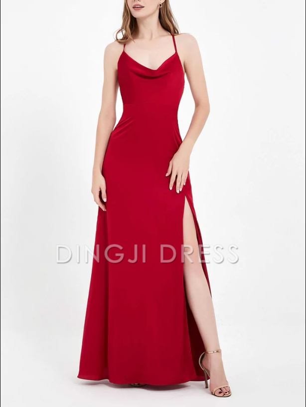DingJiDress Evening Dress A-Line Cowl Neck Spaghetti Straps Lace up Back Satin Split fork Long Simple Dress Floor-Length Formal Dress