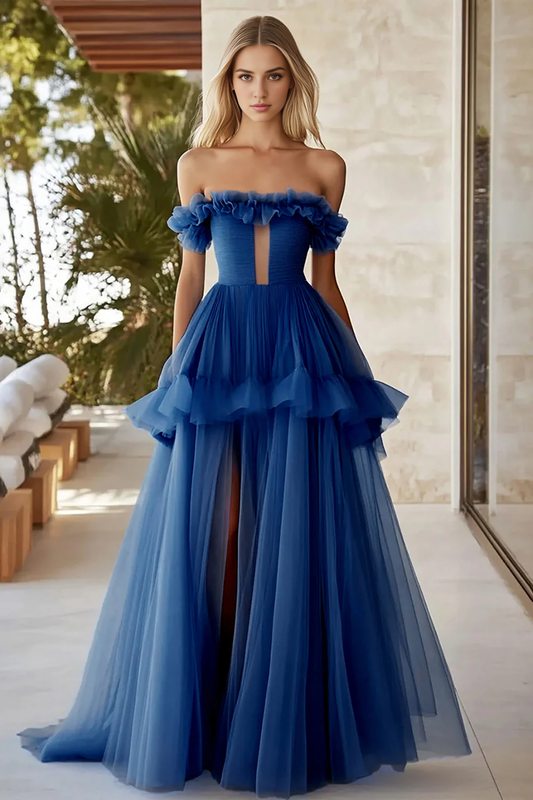 DingJiDress High Quality Dress Fashion A Line Keyhole Long Fantastic Tulle With Slit Prom Dress