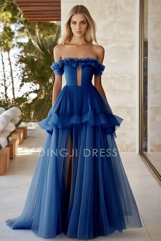 DingJiDress High Quality Dress Fashion A Line Keyhole Long Fantastic Tulle With Slit Prom Dress