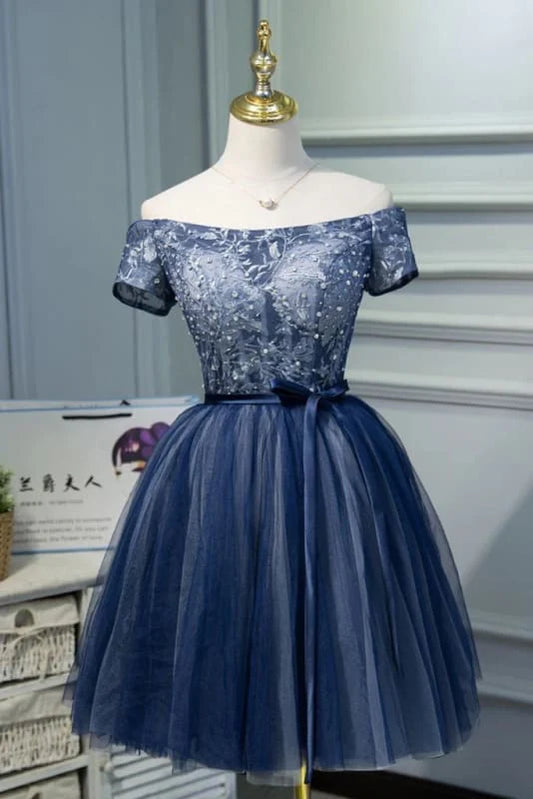 DingJiDress Short Prom Dress A Line Off The Shoulder Tulle Belt Cute Graduation Dress Applique Exquisite Homecoming Dress