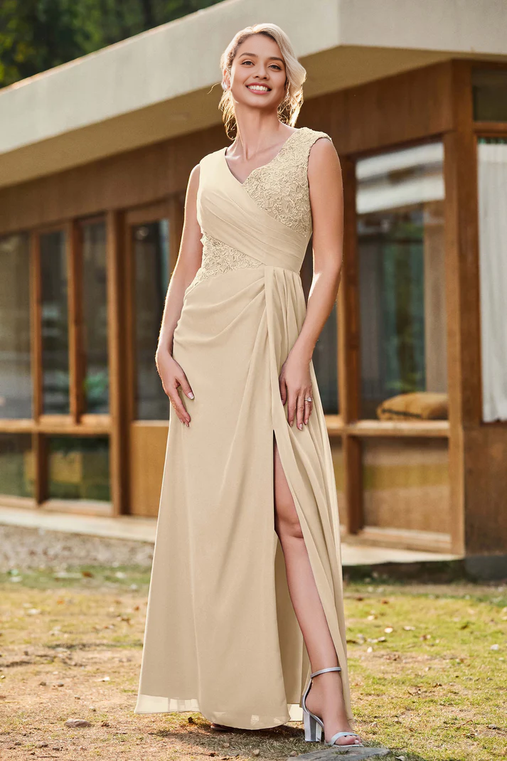 DingJiDress Mother of the Bride Dresses V-neck Pleated Lace Chiffon Long Dress Side Fork High Quality Elegant Dresses Wedding Guests Dresses