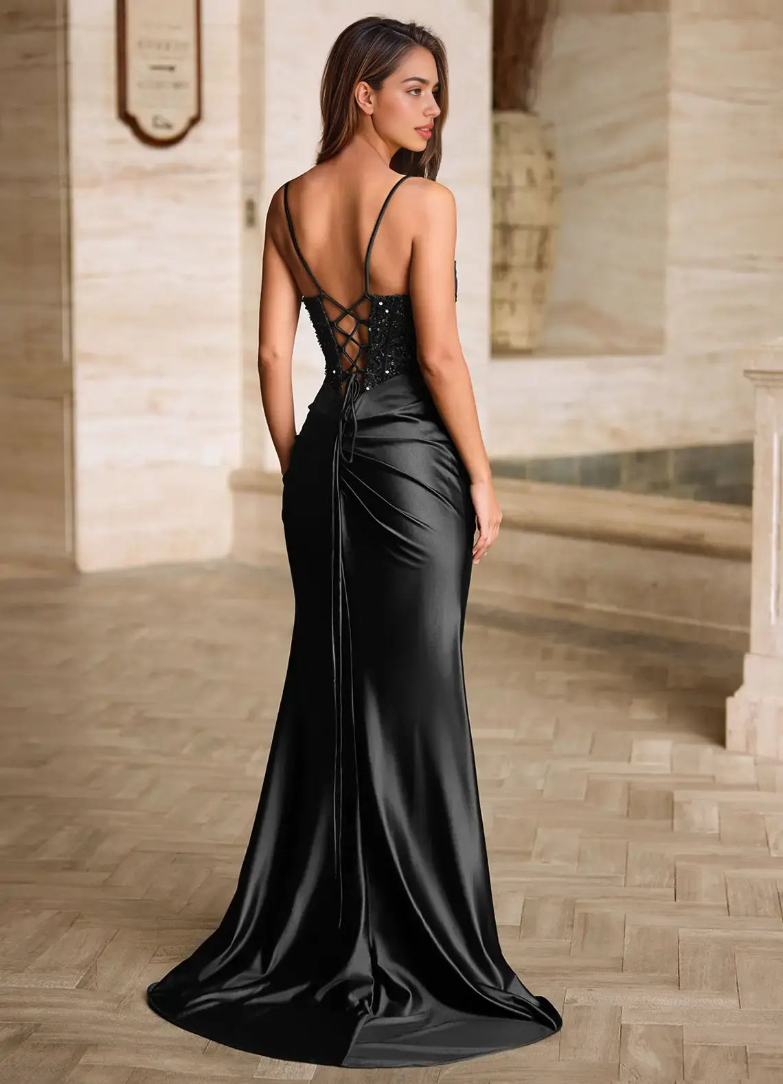 Black Sheath Cowl Neck Pleated Spaghetti Strap Sleeveless Sequin Side Fork Backless Formal Dresses Charming Prom Dress