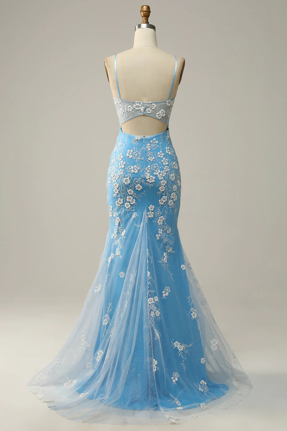 DingJiDress Mermaid Spaghetti Straps Blue Long Prom Dress with Appliques