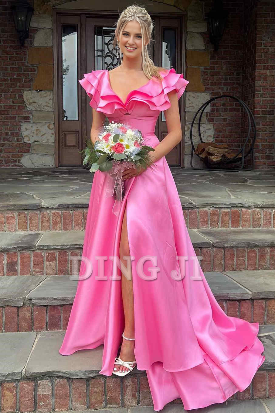 DingJiDress Evening Dress A-Line Deep V-Neck Ruffle Long Elegant Side Fork Gorgeous Romantic Formal Women's Dresses Wedding Guest Dresses