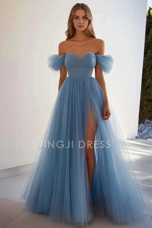 DingJiDress High Quality Dress Sweetheart Off Shoulder A Line Pleated Tulle Long Slit Elegant Prom Dress