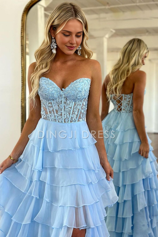 DingJiDress Elegant A-Line Sweetheart Lace And Chiffon layering With Slit Long Exquisite Prom Dress