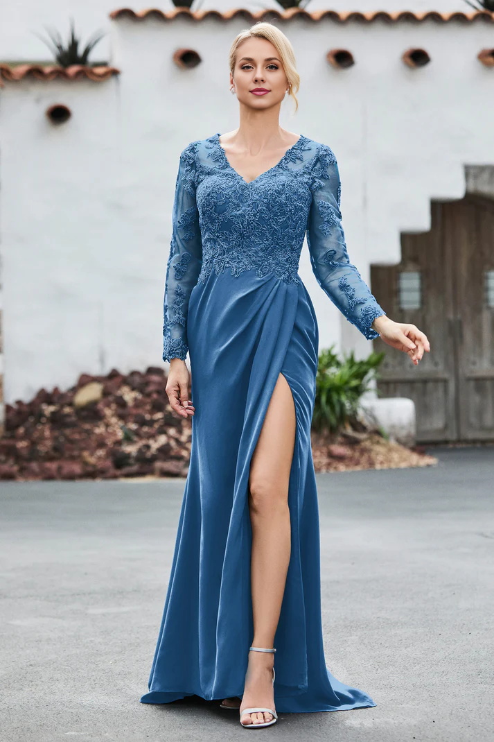 DingJiDress Mother of the Bride Dresses Lace Applique V-neck Long Sleeves High Slit Elegant Dignified Dress Wedding Guests Dresses