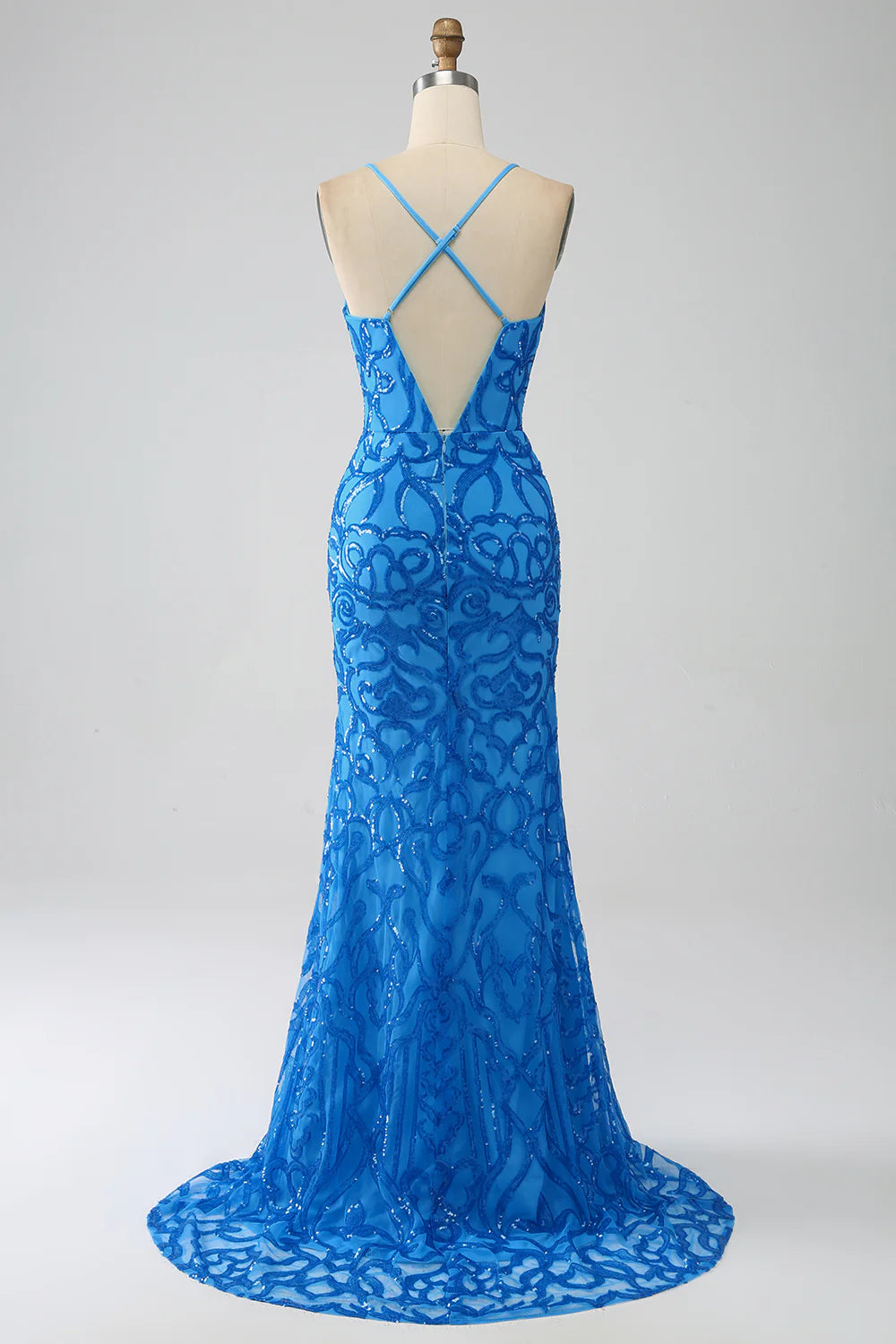 DingJiDress Blue Mermaid Spaghetti Straps Sequins Long Prom Dress