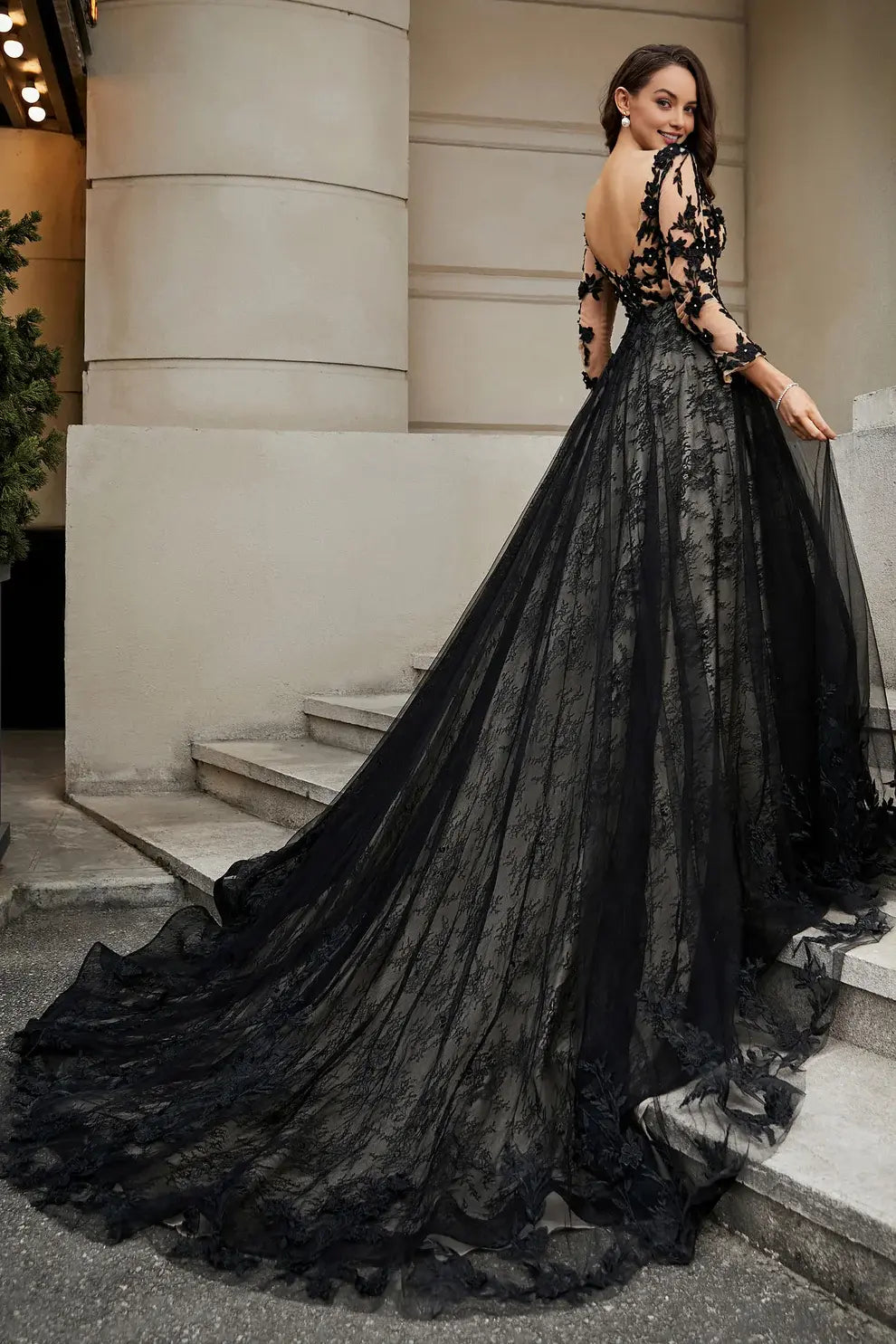 A Line Deep V Neck Lace Applique Long Sleeves Backless Chapel Train Hot Sale Wedding Dress