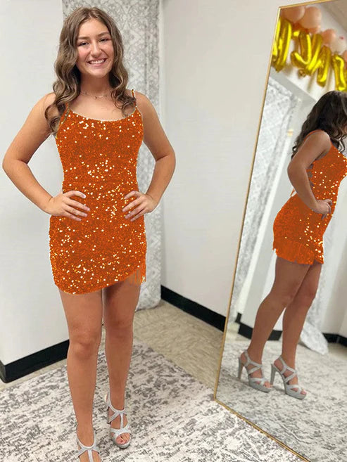 DingJiDress Sexy Fitted Spaghetti Straps Sleeveless Short Velvet Sequin Prom Dress