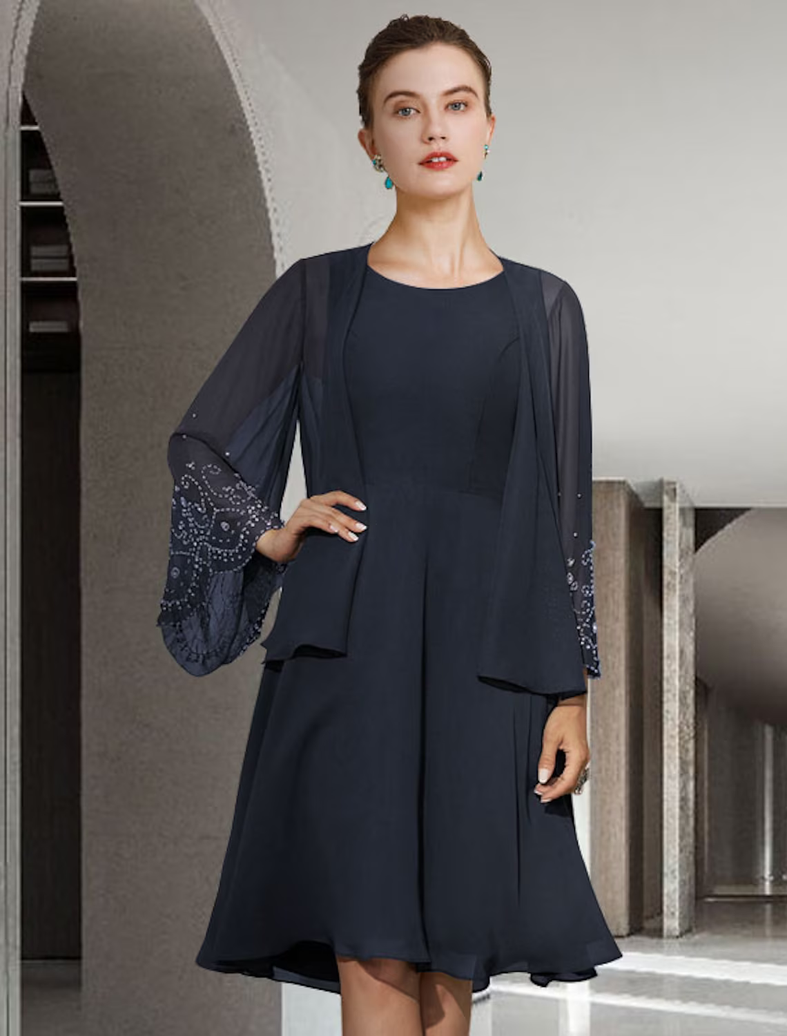 Two Piece A-Line Mother of the Bride Dress Elegant Knee Length Chiffon Sleeveless with Pleats Beading