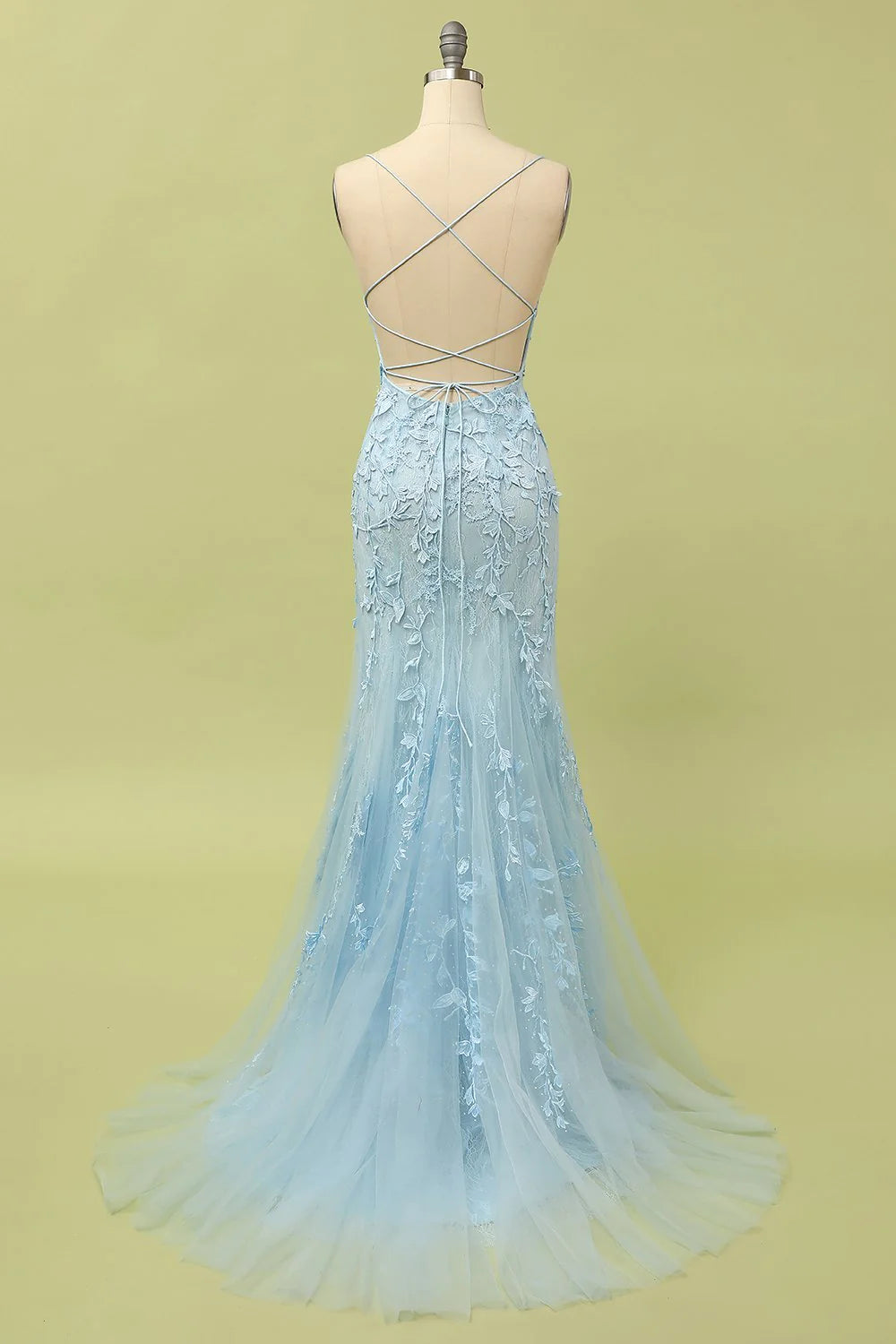 DingJiDress Mermaid Spaghetti Straps Light Pink Long Prom Dress with Appliques