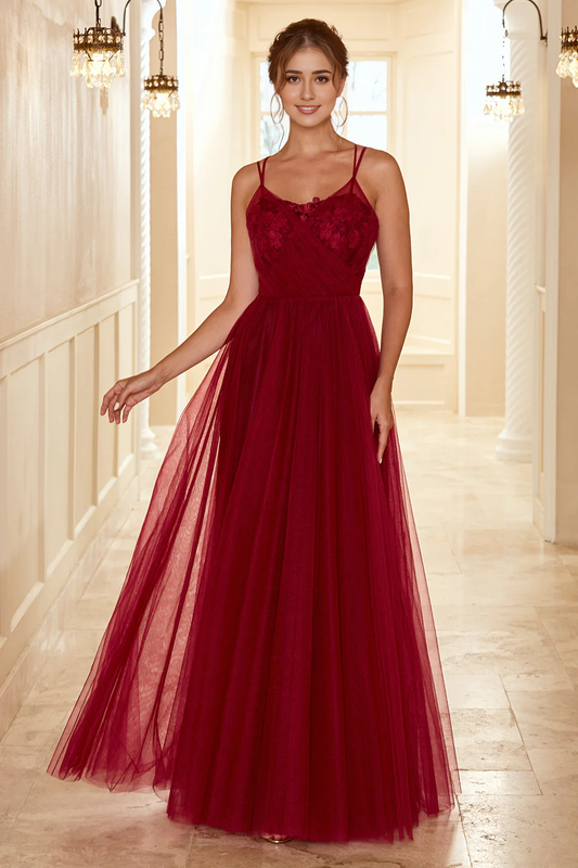 DingJiDress Burgundy A Line Spaghetti Straps Tulle Wedding Party Dress With Lace