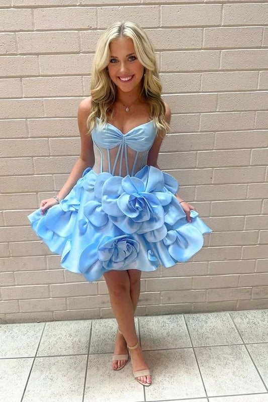 DingJiDress A-Line Homecoming Dress Pink Spaghetti Straps Graduation Dresses with 3D Floral