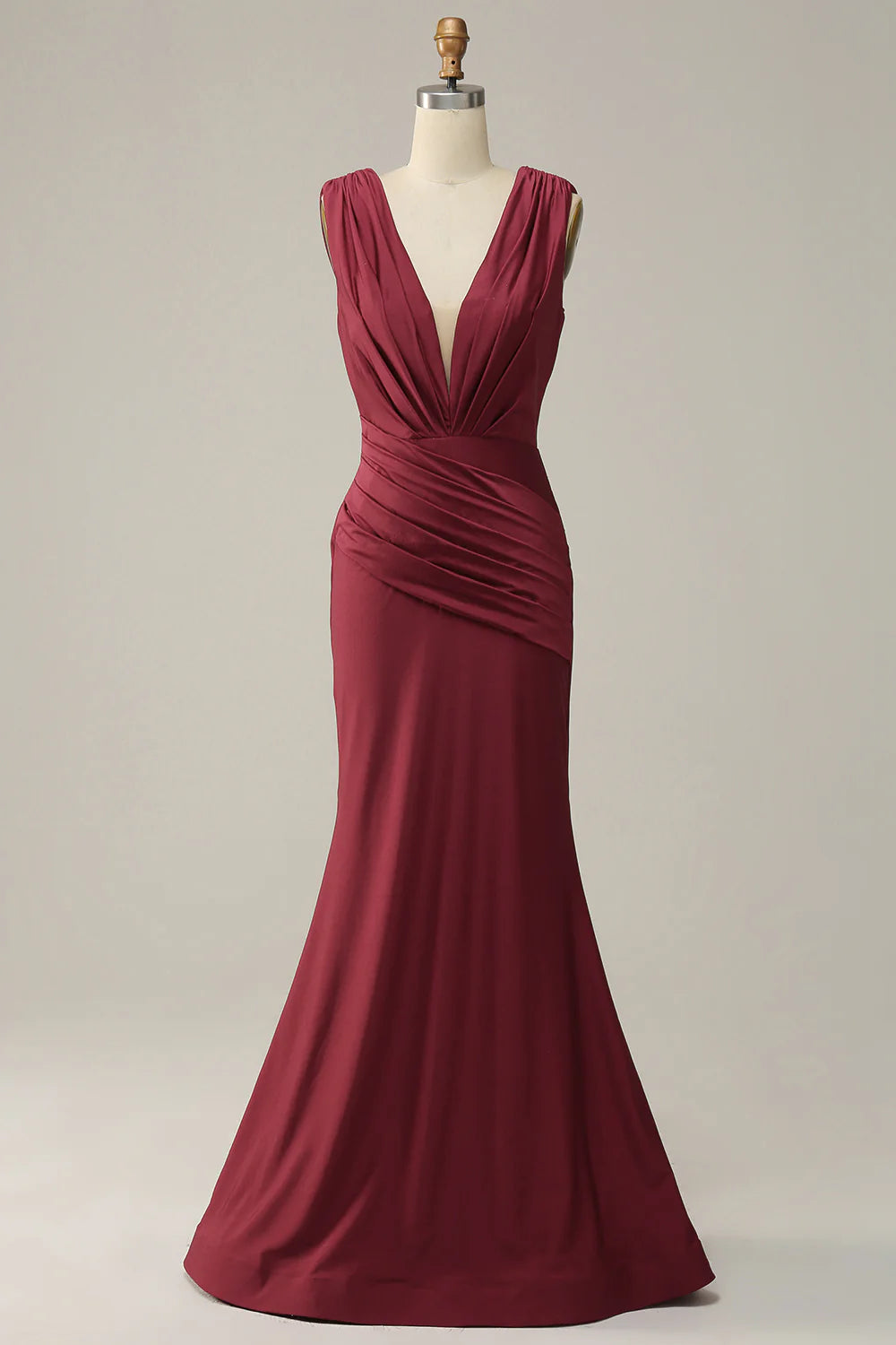 DingJiDress Mermaid Deep V Neck Burgundy Sleeveless Long Prom Dress