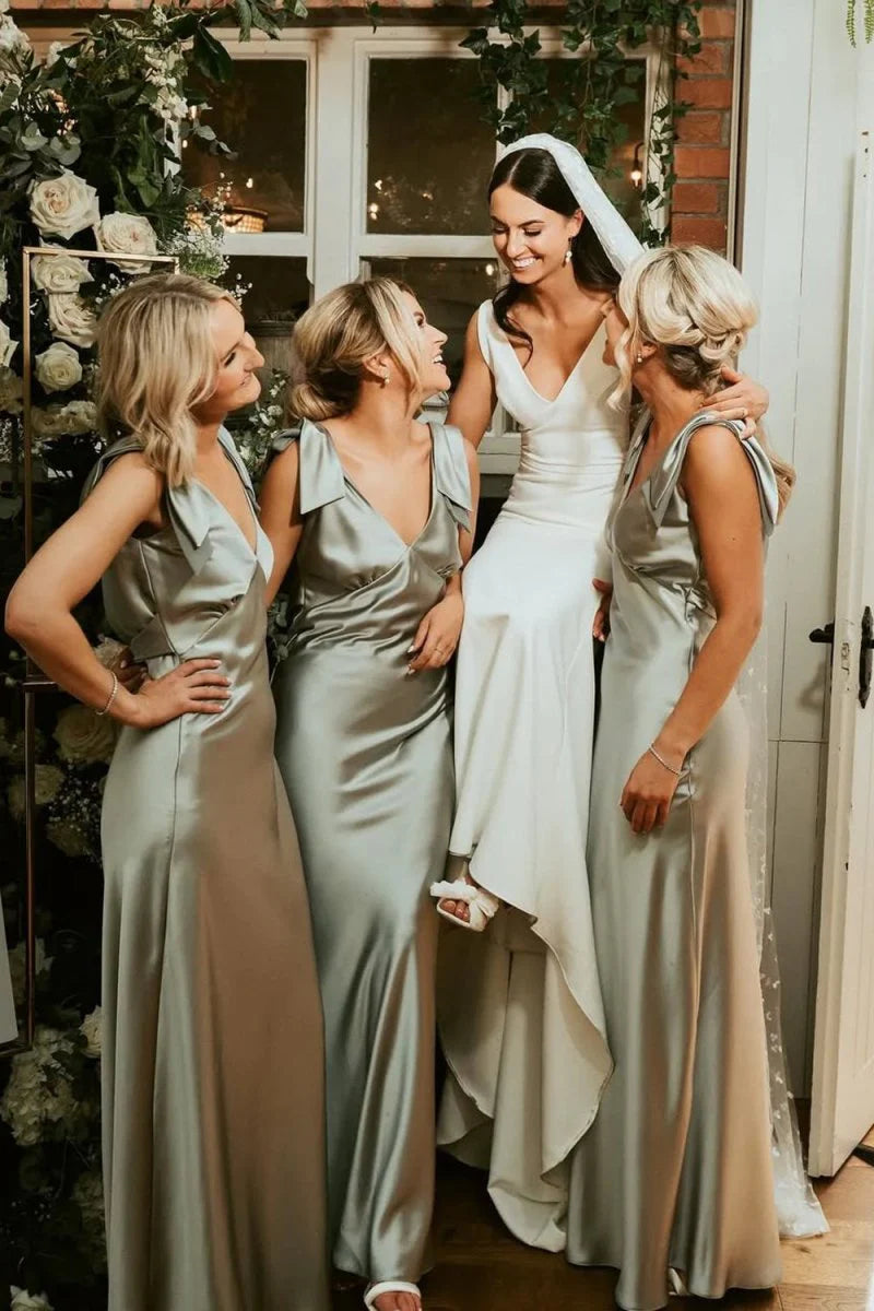 Minimalist Sage Green Sheath V Neck with Bow Sleeveless V Back Low Cost Floor Length Bridesmaid Dresses