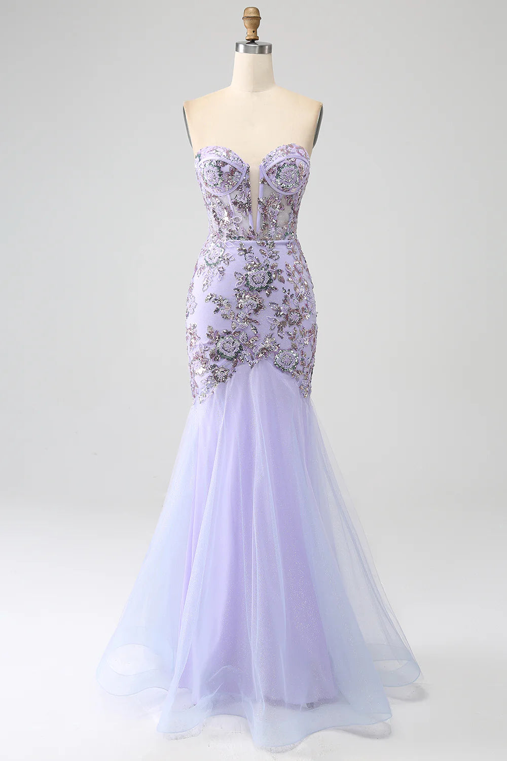DingJiDress Mermaid Strapless Lavender Corset Prom Dress with Beading