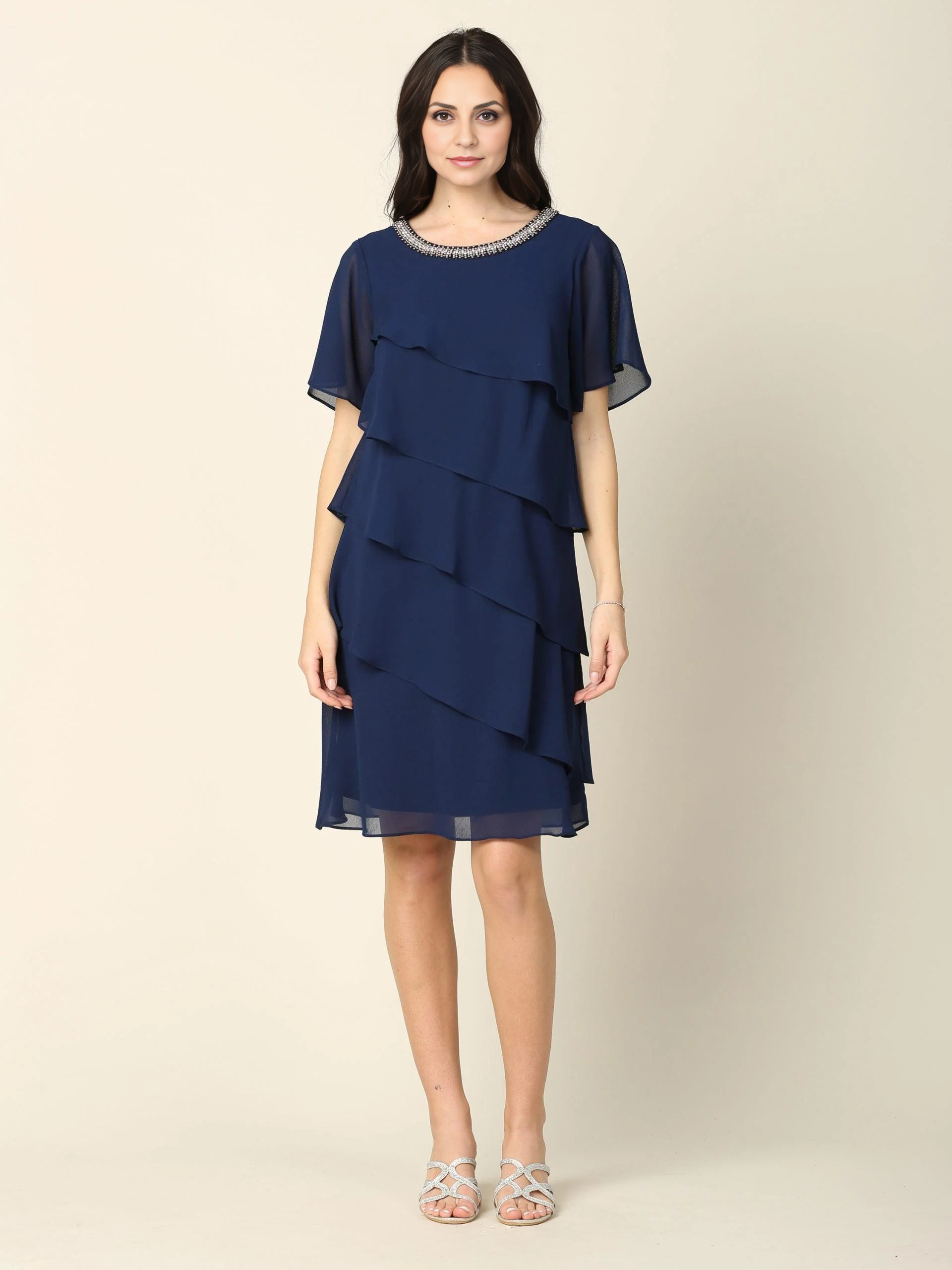 DingJiDress Evening Dress Round Neck Tiers Beautiful Knee-Length Mother Of The Bride Dress