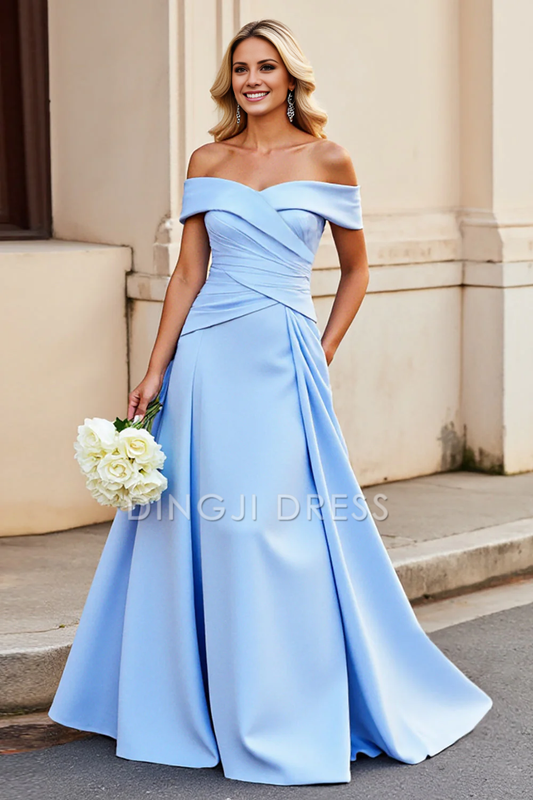 DingJiDress High Quality Dress A Line Off The Shoulder Pleated Satin Elegant Long Prom Dress