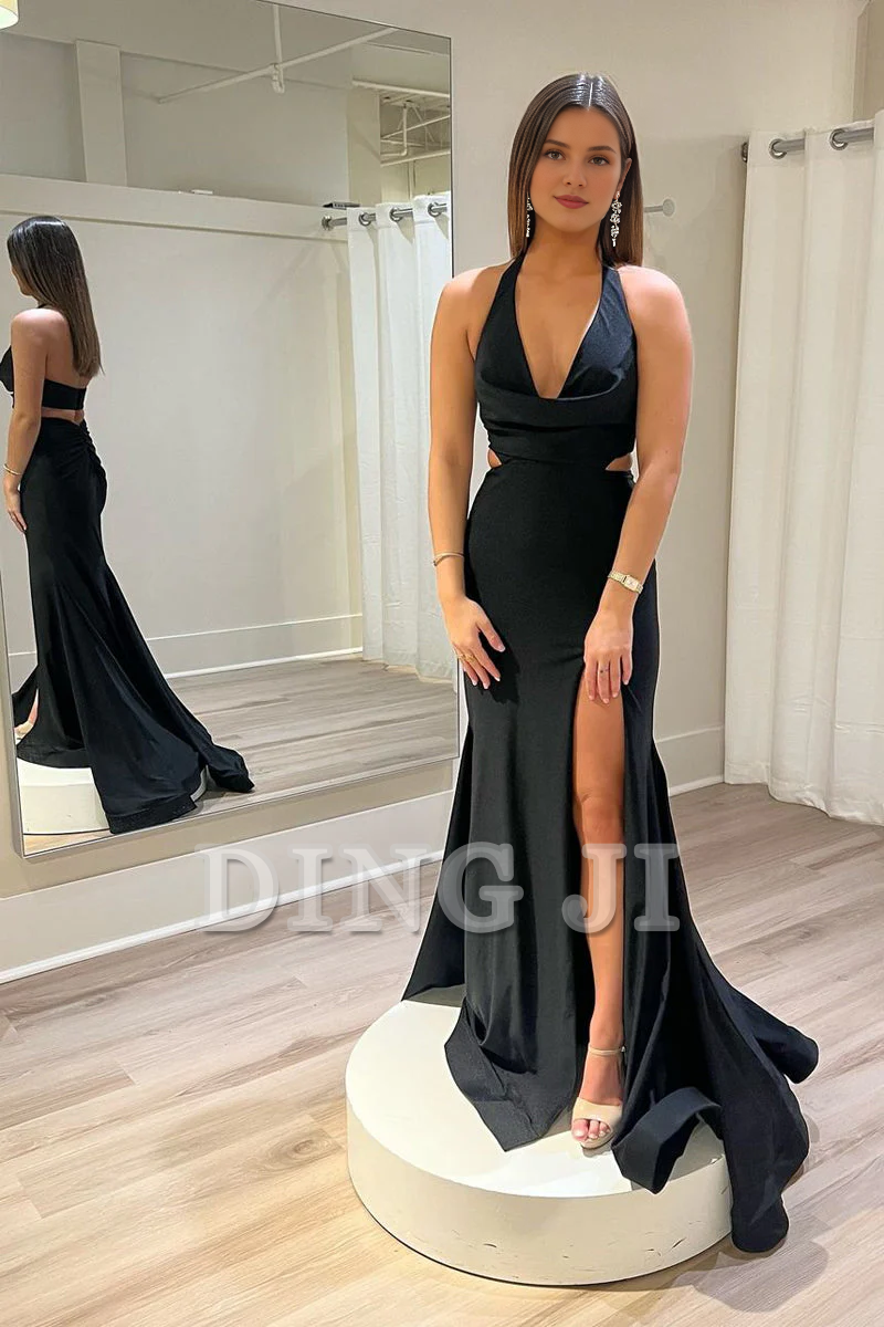 DingJiDress Elegant Unique Evening Dress Halter Cutout Mermaid Long Sweep Train Prom Dresses Side Fork Sexy Formal Wear Dresses Wedding Guest Dresses