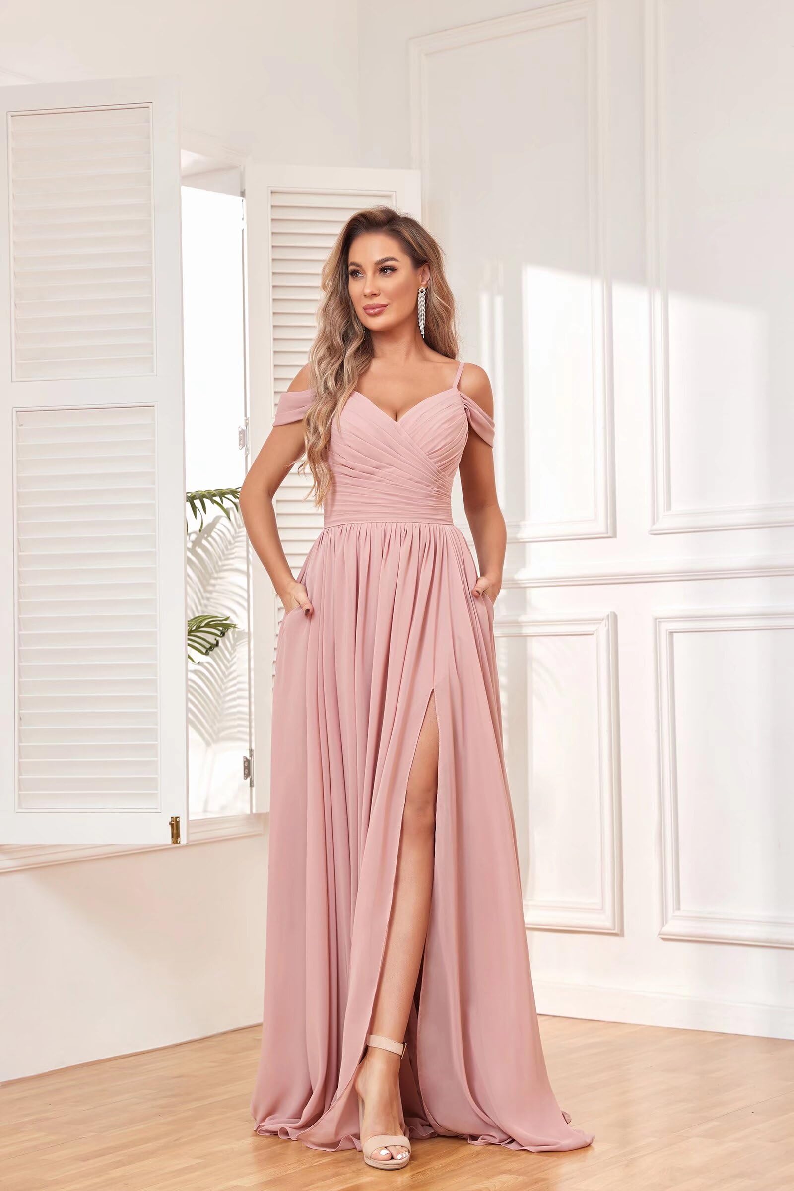 DingJiDress Bridesmaid Dresses Elegant V Neck Off The Shoulder Ruched Chiffon Side Fork Long Formal Wear Dresses