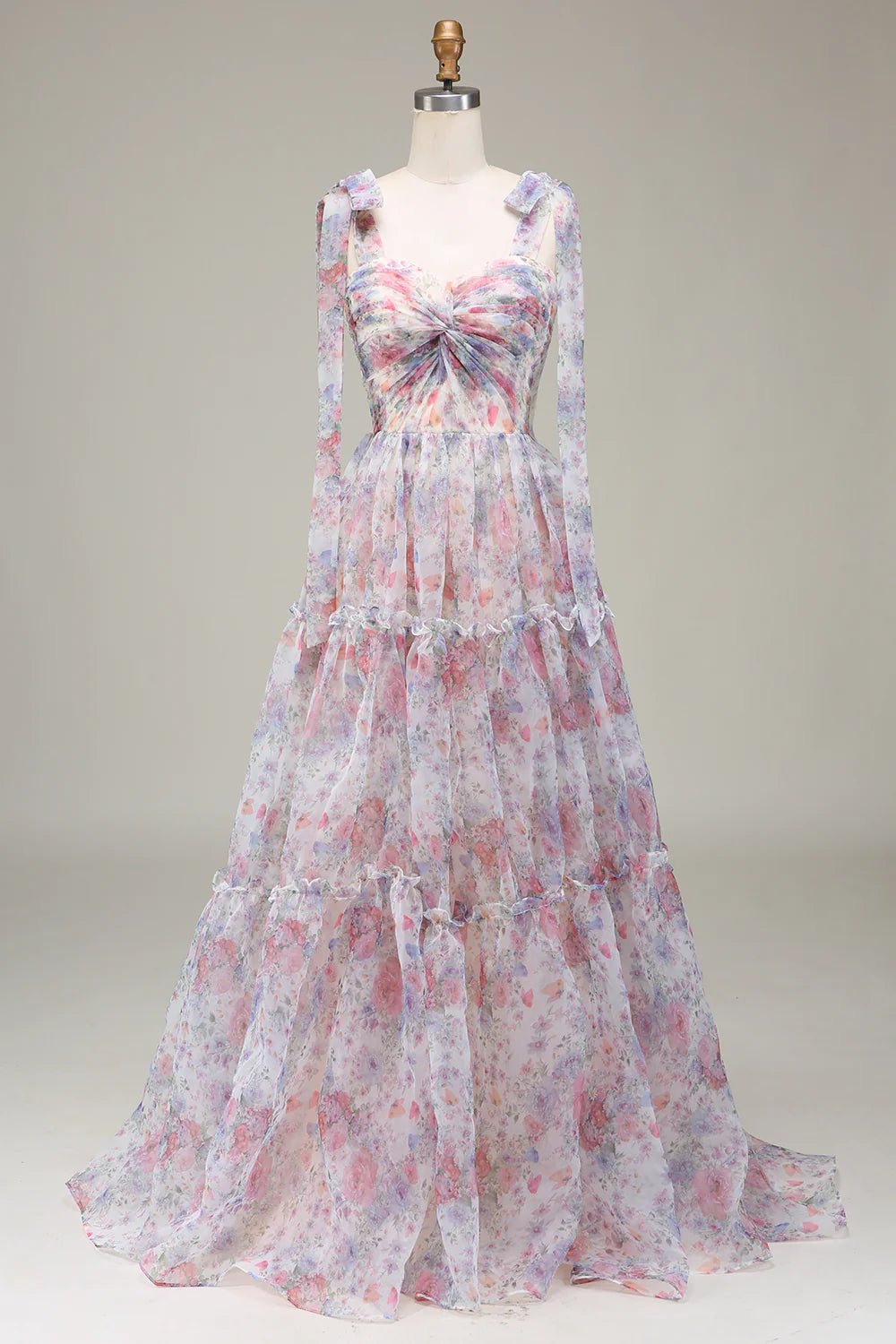 DingJiDress A-Line Spaghetti Straps Lilac Flower Printed Prom Dress